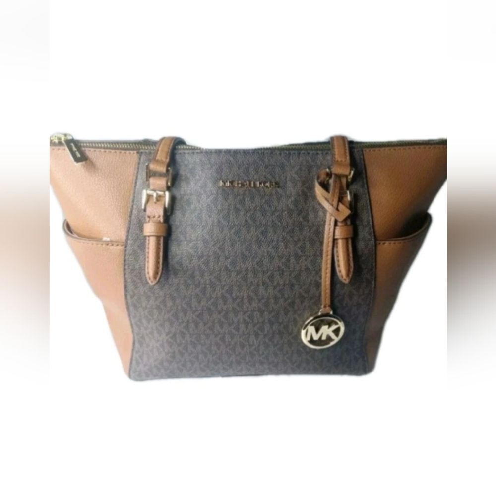Michael Kors Charlotte Logo and Leather Top Zip Tote Bag~Brown